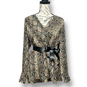Boston Proper M Snakeskin Print Wrap Blouse Belted V-Neck Long Sleeve Chic Top